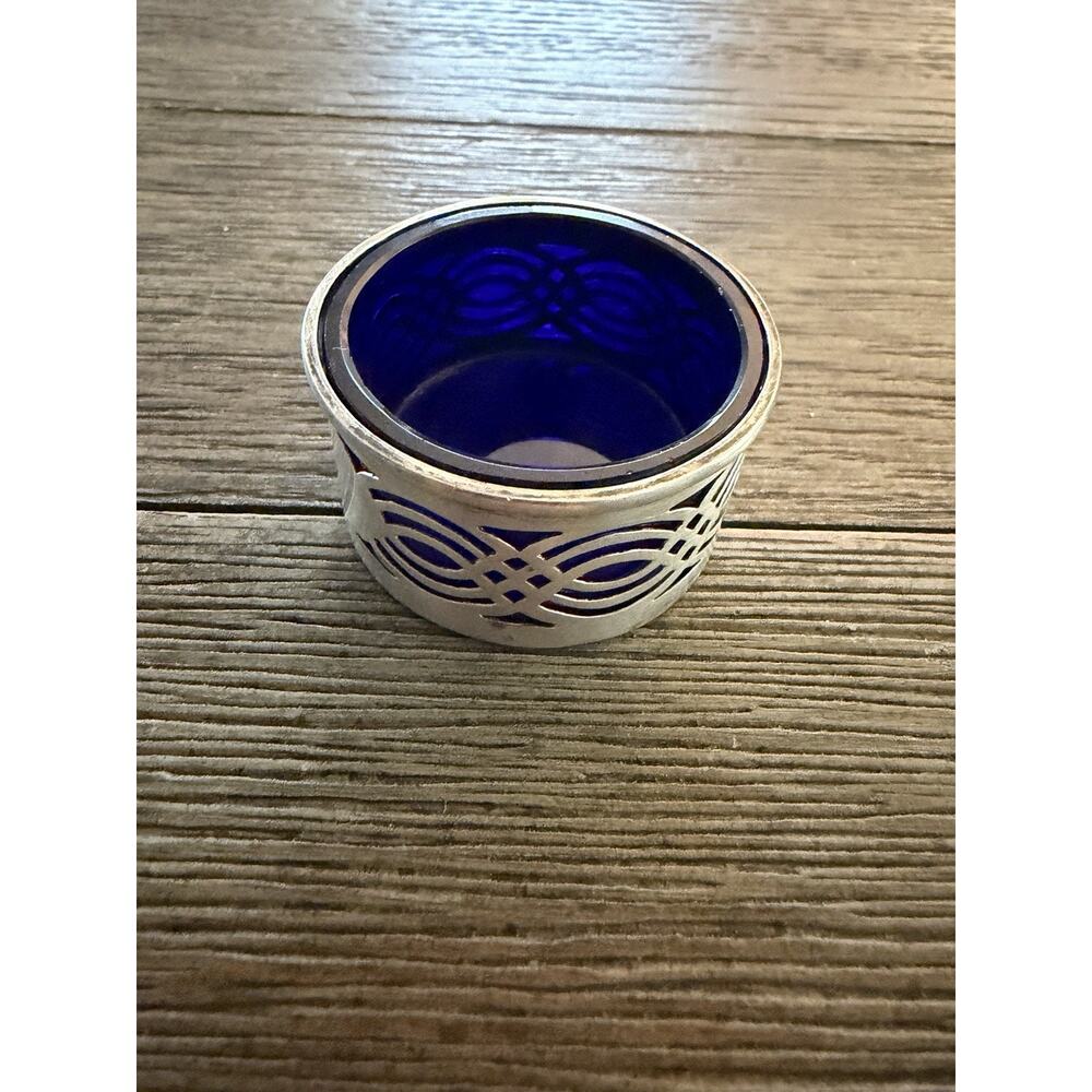 Atq Birmingham Sterling Salt Cellar With Blue Glass Signed “G.N. See Hall Mark